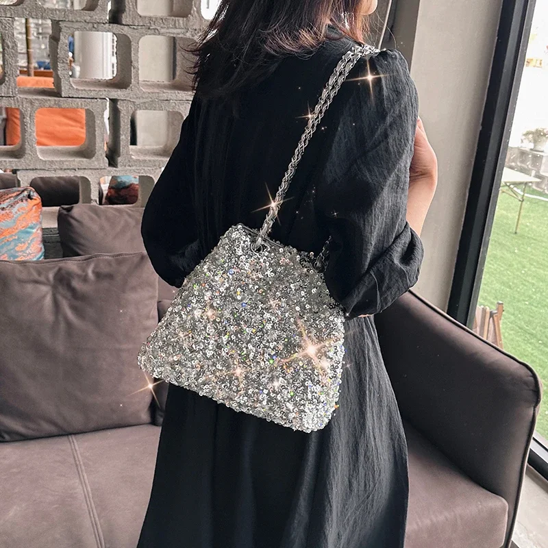 Sparkling Sequins Bucket Shoulder Bags Sense of Luxury Large Capacity Fresh Crossbody Bags for Women 2024 Fashion Versatile Hot