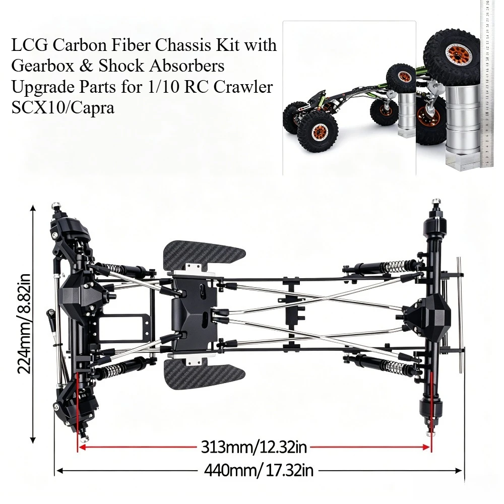 1/10 RC Rock Crawler LCG Carbon Fiber Chassis Frame Set For SCX10  & Capra Built-in Gearbox Shocks Lightweight Performance Parts