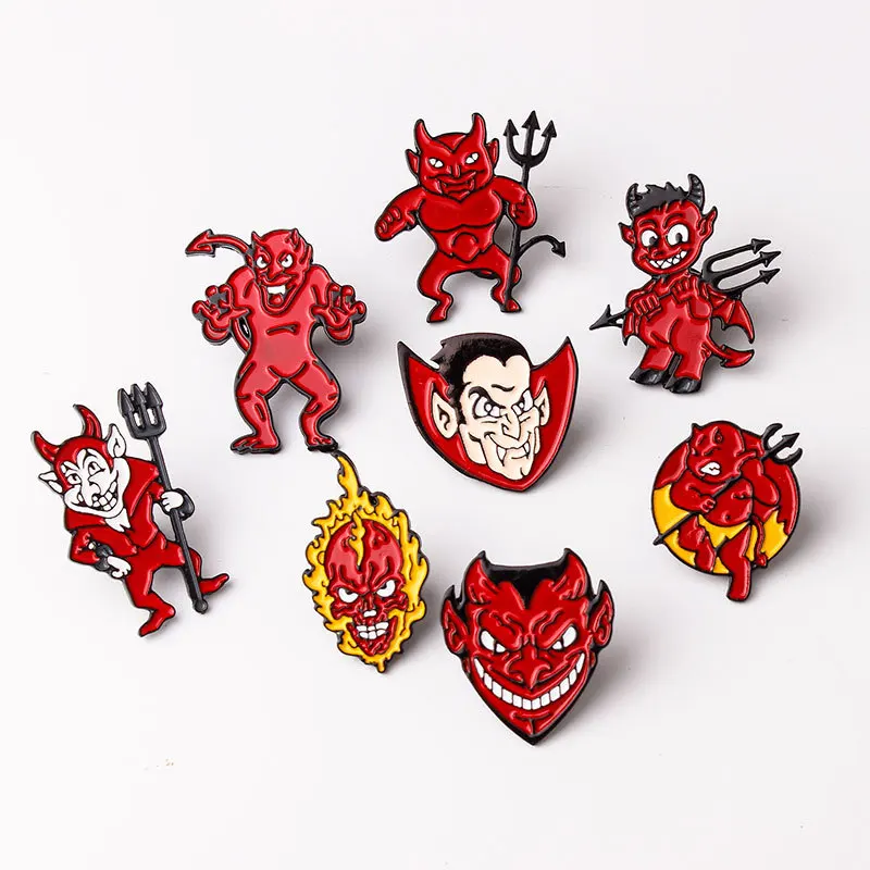 Hell Devil Imp Enamel Pins Red Fire Head Vampire Badge Brooch Denim Shirt Backpack Fashion Jewelry Gift For Friends Men