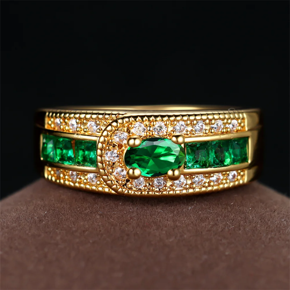 Blue Purple Crystal Oval Stone Ring Green Zircon Engagement Rings For Women Men Vintage Gold Color Wedding Bands Fashion Jewelry