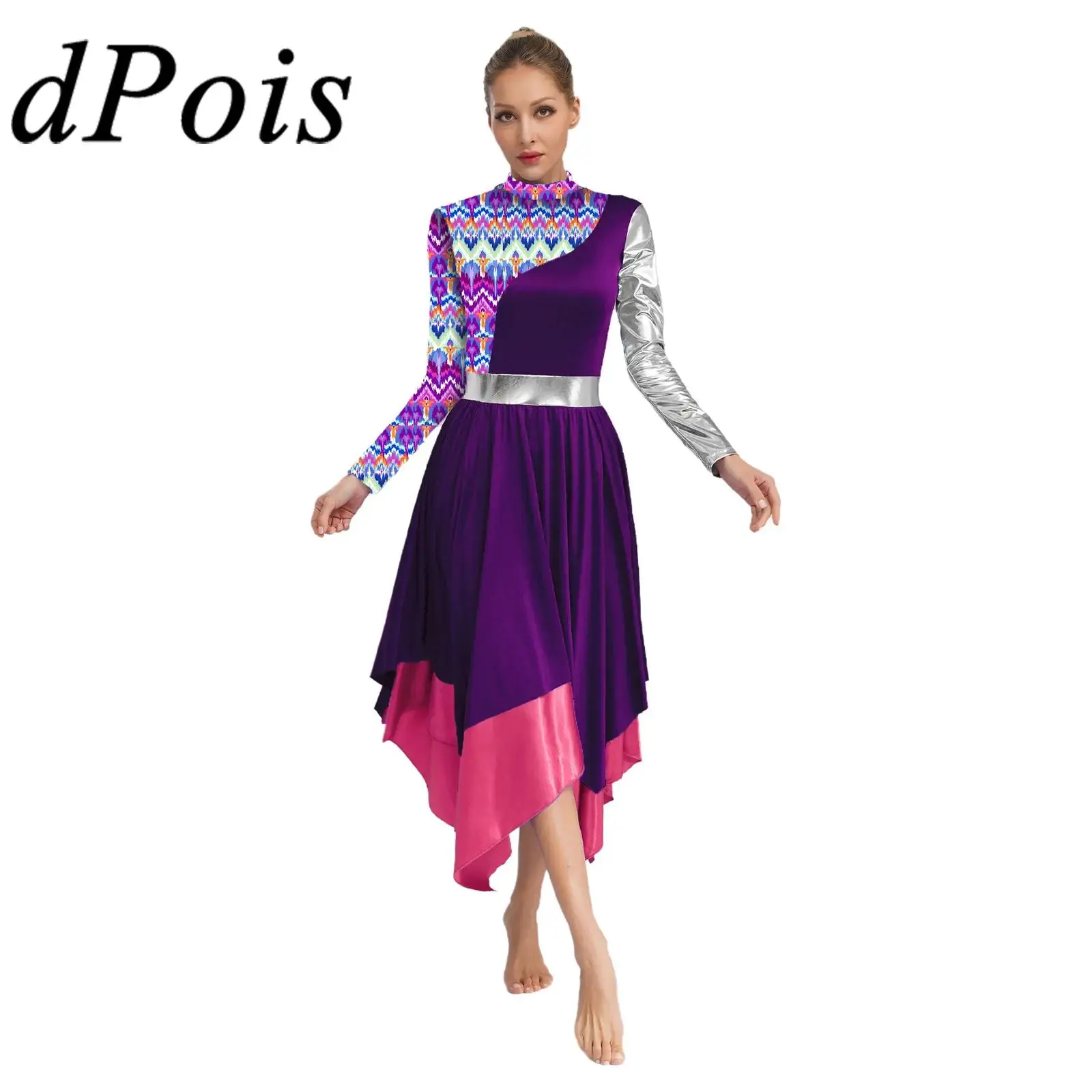 

Womens Liturgical Lyrical Praise Dance Costume Long Sleeve Church Printed Dress+ Wide Leg Pants 2 Pcs Dancewear Worship Robe