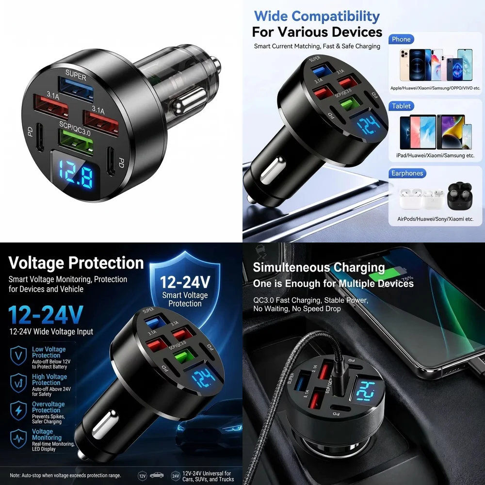 100W Six Port Car Charger with LED Digital Voltage Display Multi Port QC3.0 PD USB Fast Charge for iPhone Samsung Xiaomi