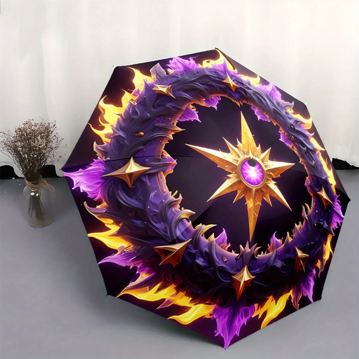 

Автоматический зонт с кнопкой открытия/закрытия одним нажатием — элегантный дизайн с золотой звездой и огненно-фиолетовым/золотым венком, компактный, складной.