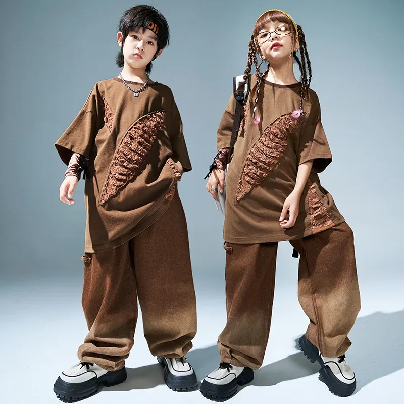 

Kids Hip Hop Clothes Sets Solid Ripped Short Sleeve Loose T-shirt + Pants Boys Street Dance Costume Girls Jazz Performance Suit