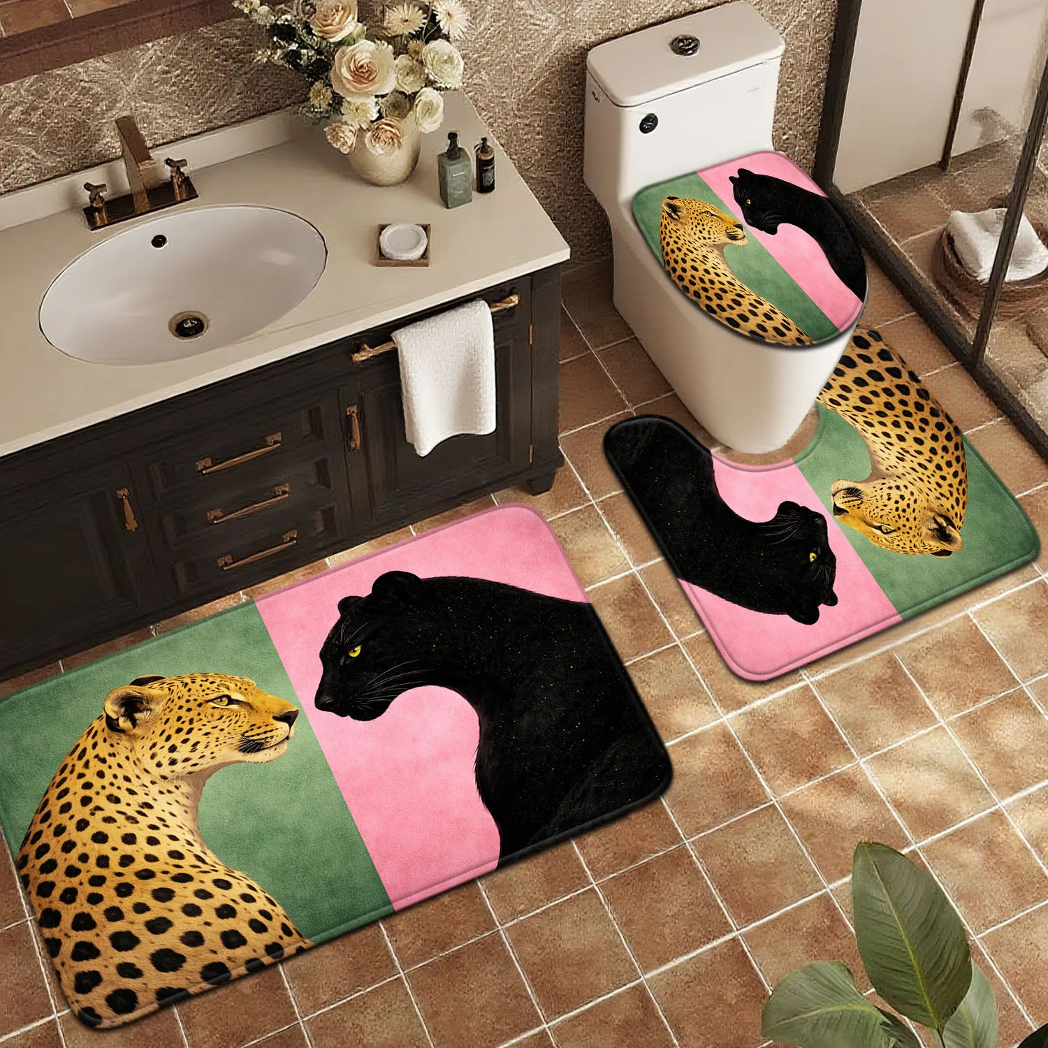 3pcs Bathroom Three-Piece Set Floor Mat, Double Leopard Facing Each Other Color Blocking Picture, Home Decoration Entrance Door