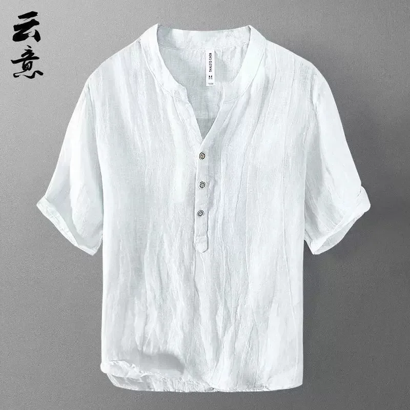 Retro Linen Short Sleeve T-Shirt Men's Thin Loose Summer New Cotton Linen Stand Collar Half Sleeve Casual Trendy Top view 4