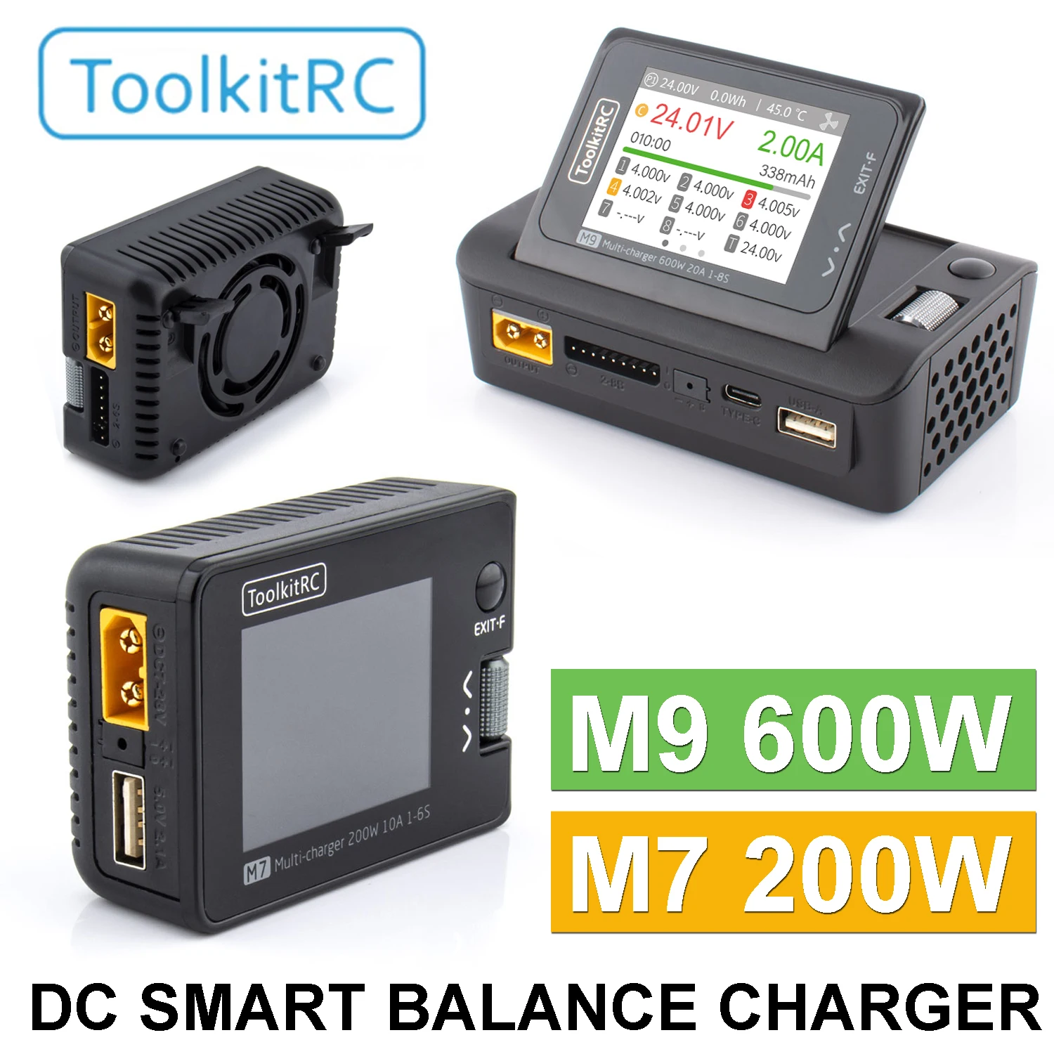 ToolKitRC M9 M7 DC Balance Charger 600W 200W for LiPo LiHV LiFe NiMH 1-8S 1-6S IPS Color Display PWM SBUS Tester for RC Drone