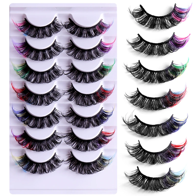 False Eyelashes Extension, 8D Faux Mink Hair, Natural Color, Long, Fluffy, Soft, Colored, Fake Lashes, Makeup, 7 Pairs