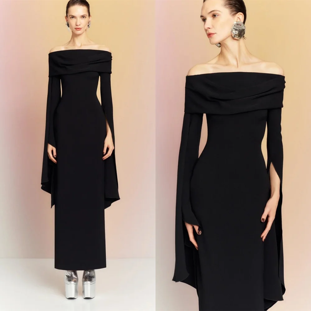 

Customized Exquisite Black Jersey Evening Dress Elegant Long Sleeves Off the Shoulder Homecoming Dresses Special Occasion Gowns