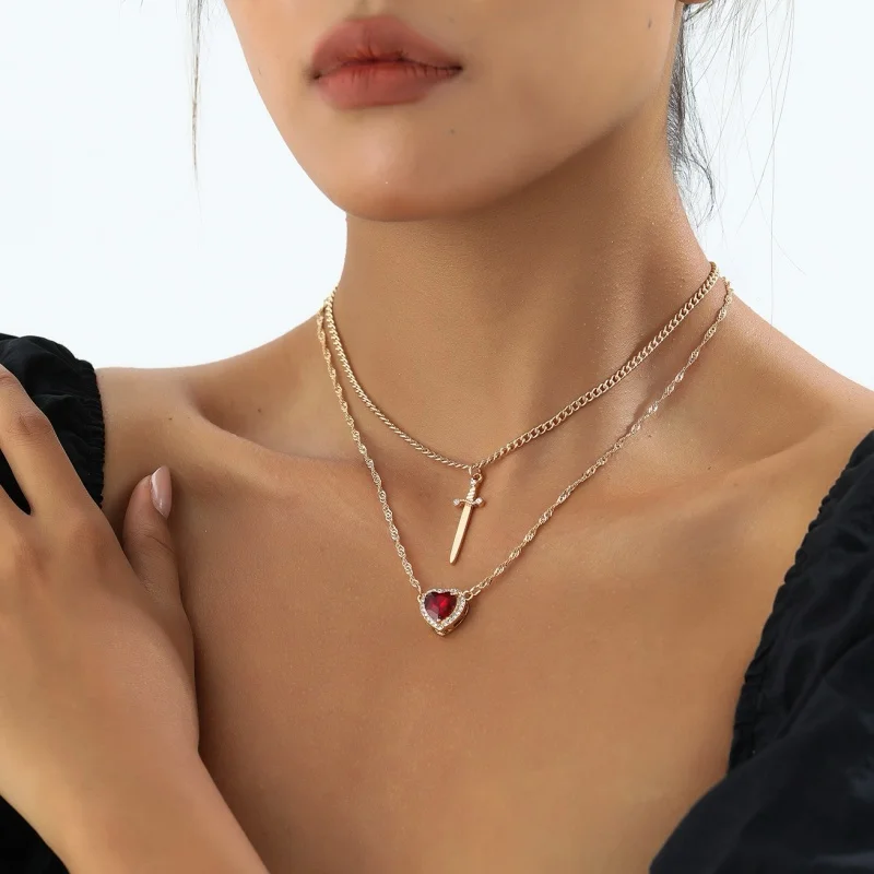 

Red Crystal Heart Knife Layered French Vintage High-End Necklace for Women Commute Jewelry Daily Party Accessory