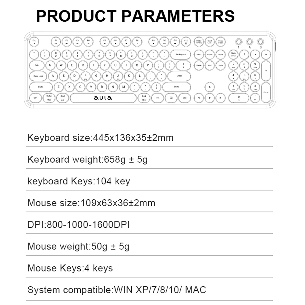 AULA AC306 2.4G Wireless Keyboard and Mouse Combo Ergonomic Round 104 Keys Retro Keyboard For Laptop PC