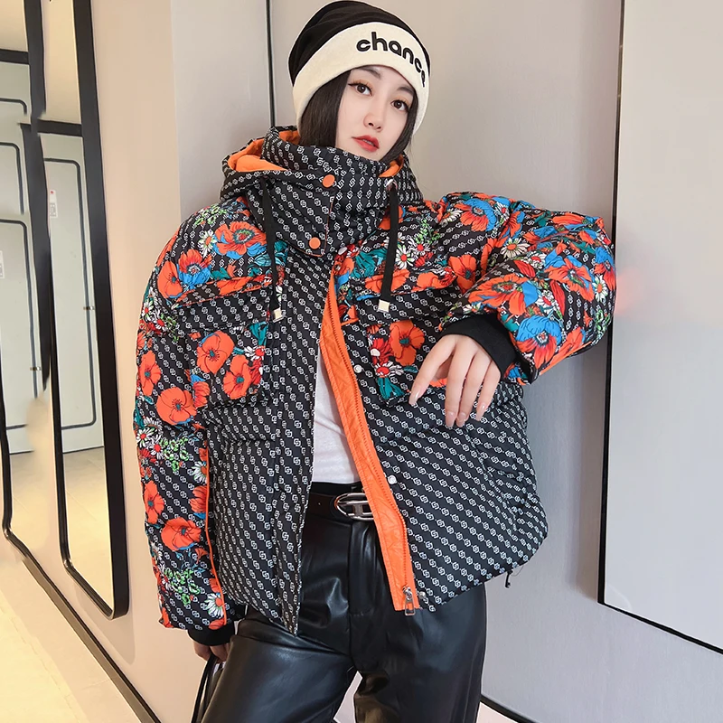 Y2K Women Coat Winter Printi Hooded Warm Ladies Short Parkas Oversize Puffer Jacket Female Waterproof Outerwear Street Fashion