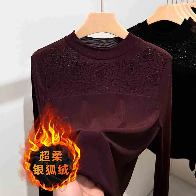 

Hot Diamond Stitching Mesh Half Turtleneck Long-sleeved T-shirt for Women with Stylish Inner Layering Shirt for Women