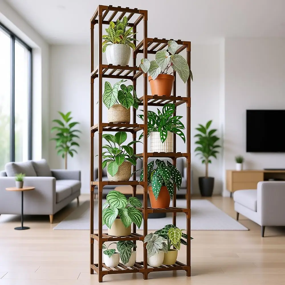 

11-Tier Tall Wooden Plant Stand - Indoor/Outdoor Multi-Level Garden Rack for Living Room Display