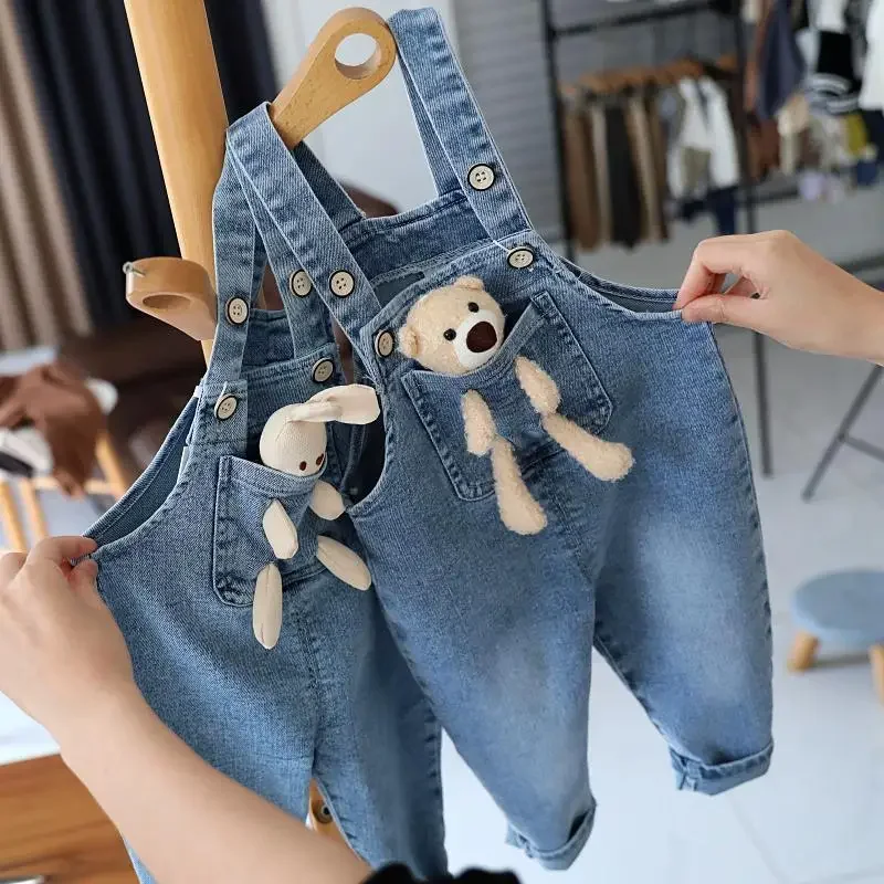 Baby Girls Jeans Pants Spring and Autumn Children's Denim Pants Boys and Girls Casual Denim Strap Pants 0-6 Years