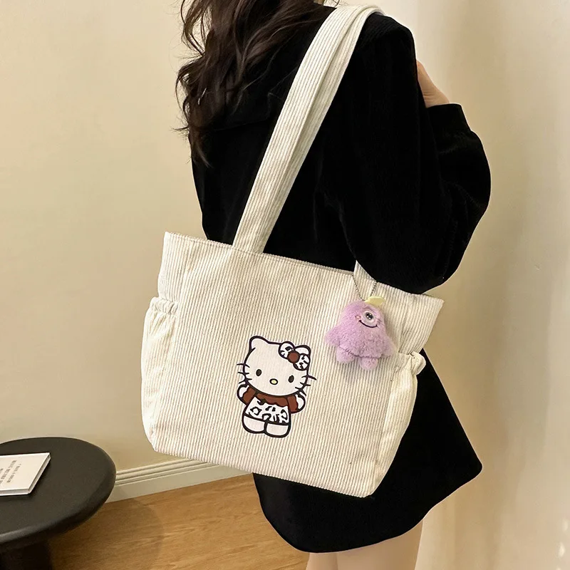 New Sanrio Hello Kitty Cute Shoulder Bag Women's Retro Corduroy Canvas Portable Large Capacity Shopping Bag