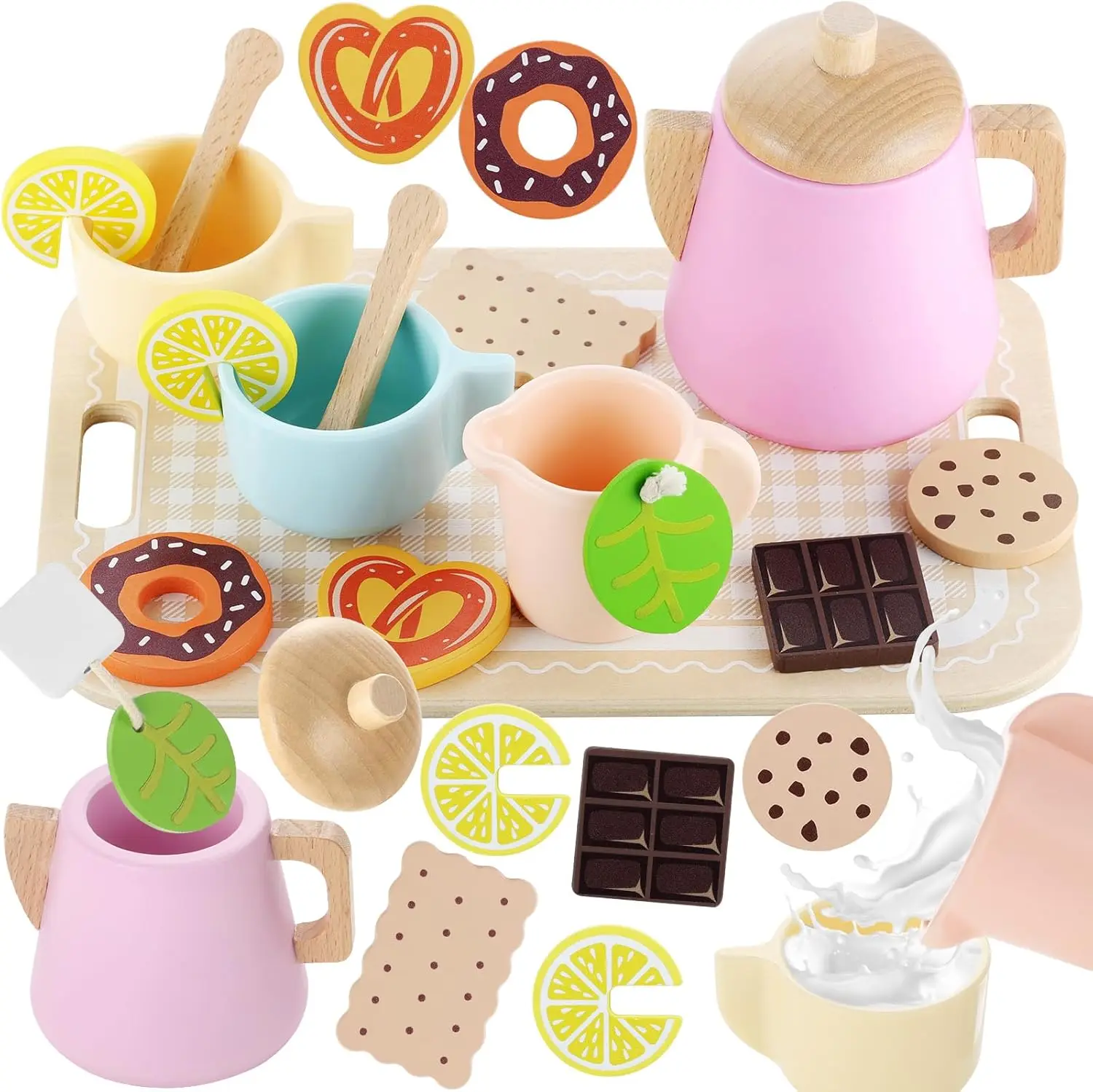 

Tea Sets for Toddlers Wooden Play House Pretend Food Toy Sets for Kids Kitchen Accessories, Party Role Playing Toys Girls Gift