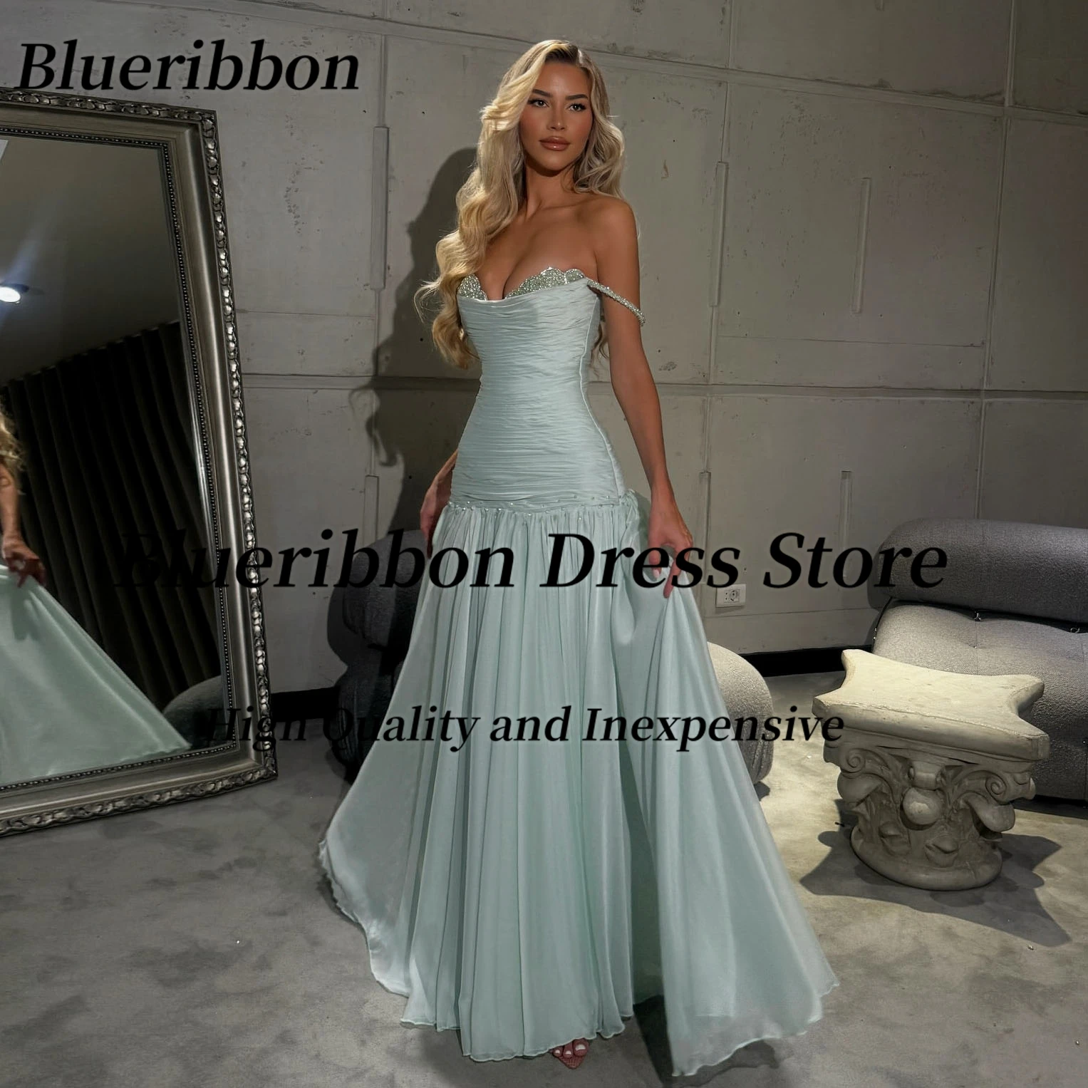 Blueribbon vestidos de baile sob medida frisado espaguete querida vestido de noite longo ruched festa de casamento vestidos de noiva personalizados