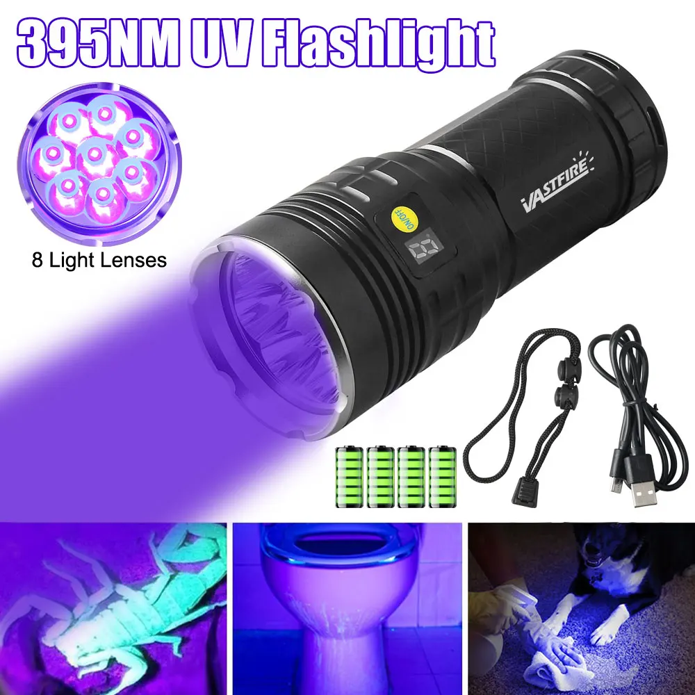 160W UV Flashlight 365nm/395nm Black Mirror Torch Super Bright UV Flashlight 8 core Violets Ultraviolet Torch For Pet Stains