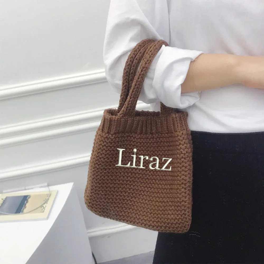 Custom Cotton Knitted Handbag Women Winter Knitting Small Tote Bag Woolen Embroidered Name Retro Outdoor Mini Shopping Bag