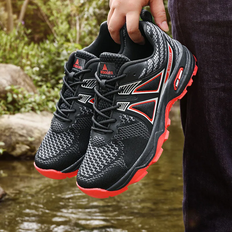 

Fashion Black Red Hiking Walking Shoes Men Mesh Breathable Non-slip Men's Trekking Sneakers Lace-up Outdoor Sports Shoes For Man