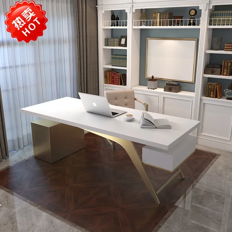 for Light Luxury Boss Table Simple Modern Computer Desk Nordic White Lacquered Solid Wood President Desk with Drawers