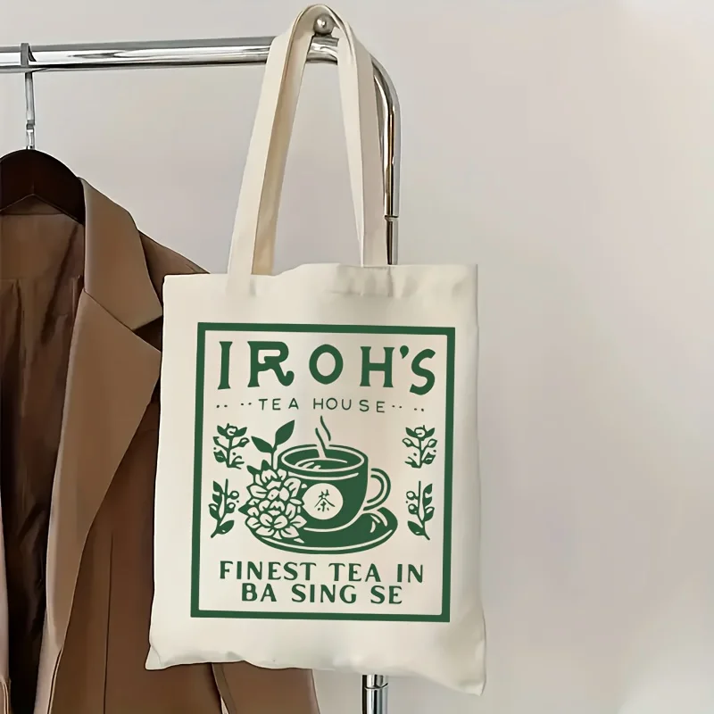 A Iluo Teahouse Pattern printed canvas tote bag, suitable for daily use, shopping, school, and travel