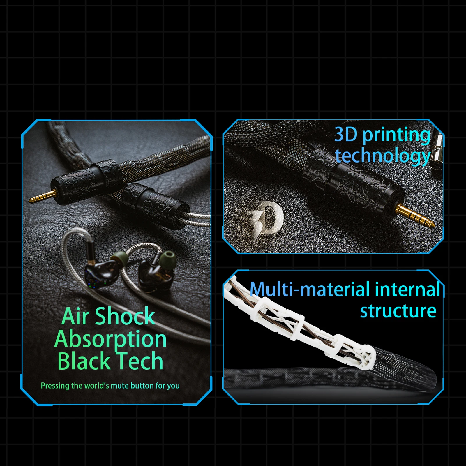 Kabel słuchawkowy Yongse A-melody z amortyzacją wibracji, kompozytowa konstrukcja 4+2 żył, rezonans dwumateriałowy.