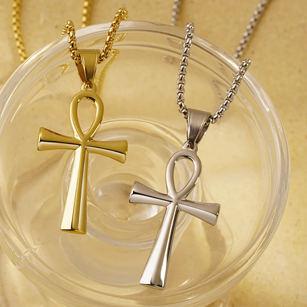 18K Gold Plated Ankh Cross Religious Egypt Pendant Necklace Jewelry Gift In Stainless Steel
