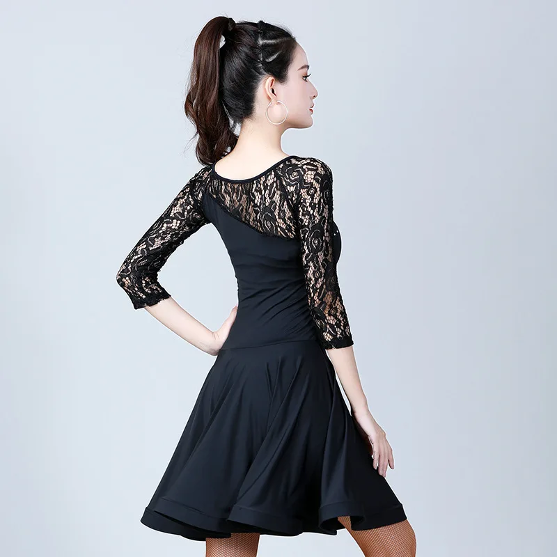 Vestido de baile latino para mujer, vestido negro de encaje con diamantes de imitación, cha, tango, 1 unidad por lote