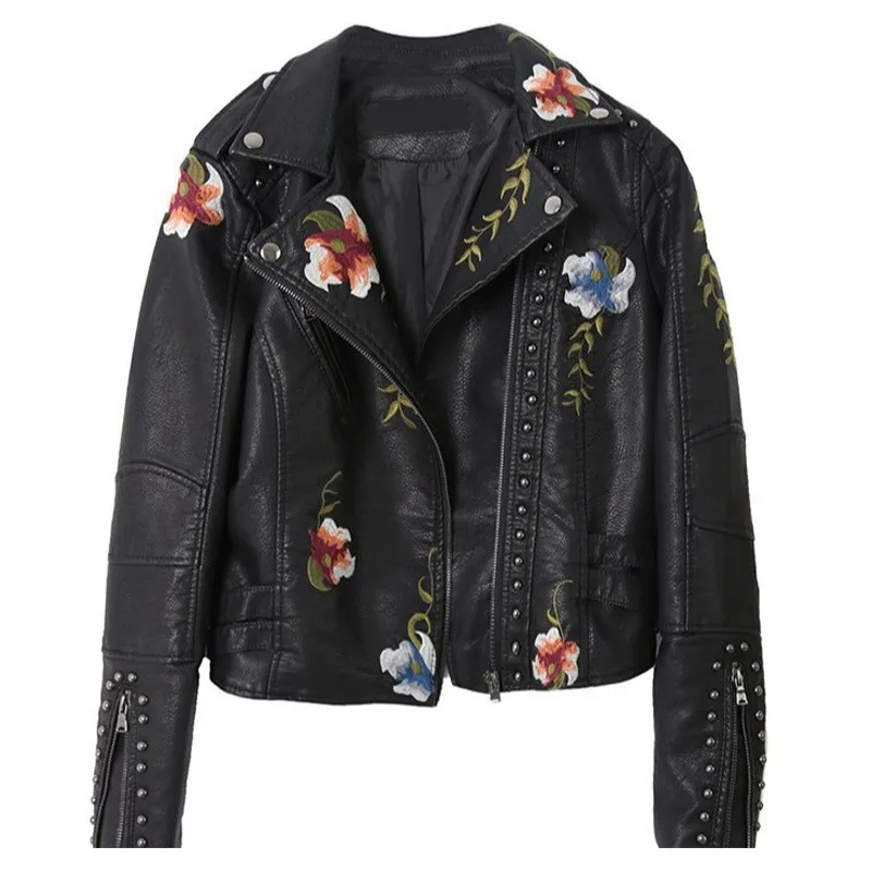 

Spring Women's Clothing Slim Fit V Neck Long Sleeve Urban Street Leather Jacket For Woman Pu Metallic Embellished Short Coat
