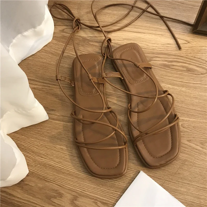 Summer Shoes  2023 Women Sandals Narrow Band Vintage Square Toe Flat Cross Strap Thong Sandals Shoes Women sandalias de mujer