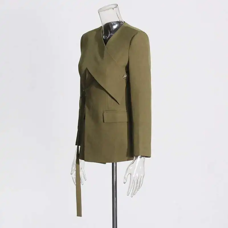 HKSH Women Blazer High Street Elegant Punk Stylish V-Neck Lace-Up Trendy Solid Color Cross Irregular Design Suit-Coat New HK3060