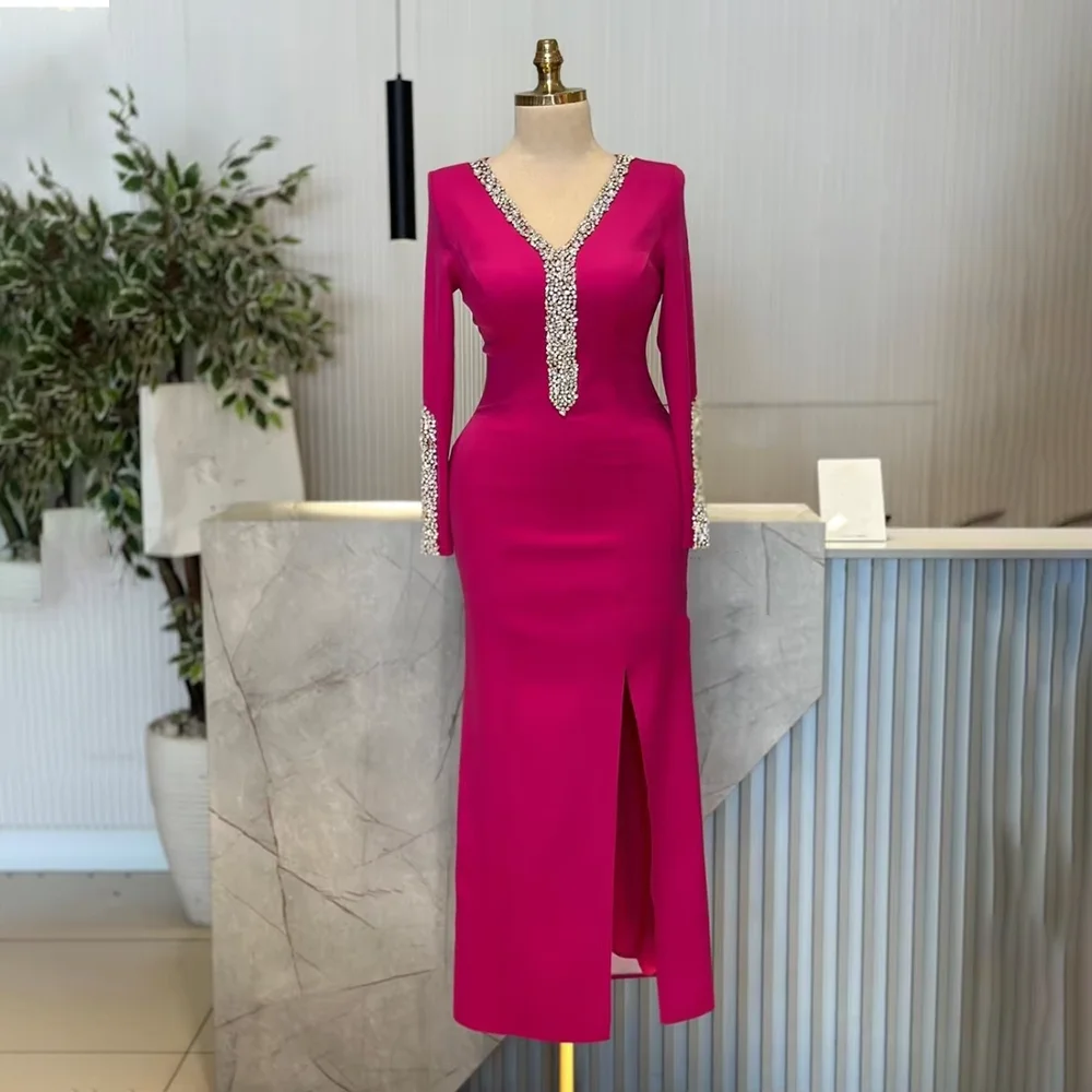

Luxury Beading Crystal Evening Dress for Women V-Neck Long Sleeves Slit Mermaid Jersey Evening Gowns Midi Prom Party Dress