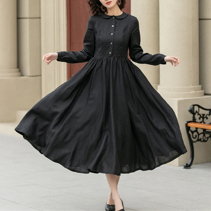 

Black Linen Dress, Midi Dress women, Swing Shirtdress, Button up Dress, Pleated dress, Spring linenDress, Custom Dres