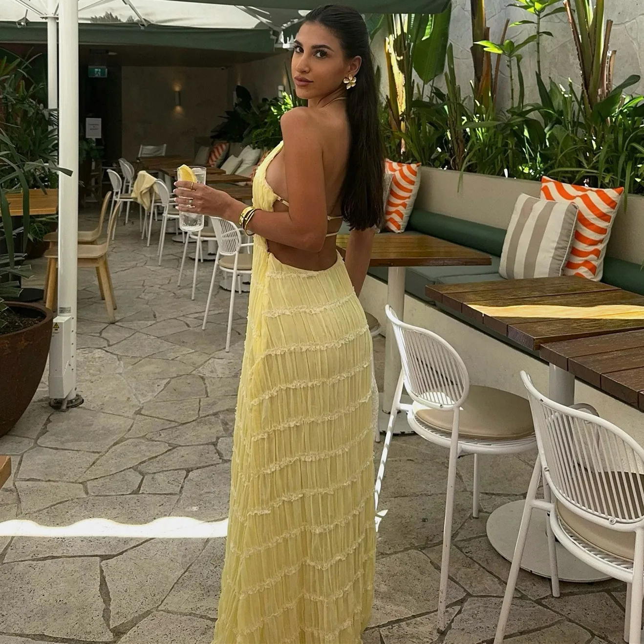 hirigin Women's Backless Smocked Maxi Dress Sexy Spaghetti Strap Cut Out Flowy Beach Long Dress Vacation Casual Sundresses