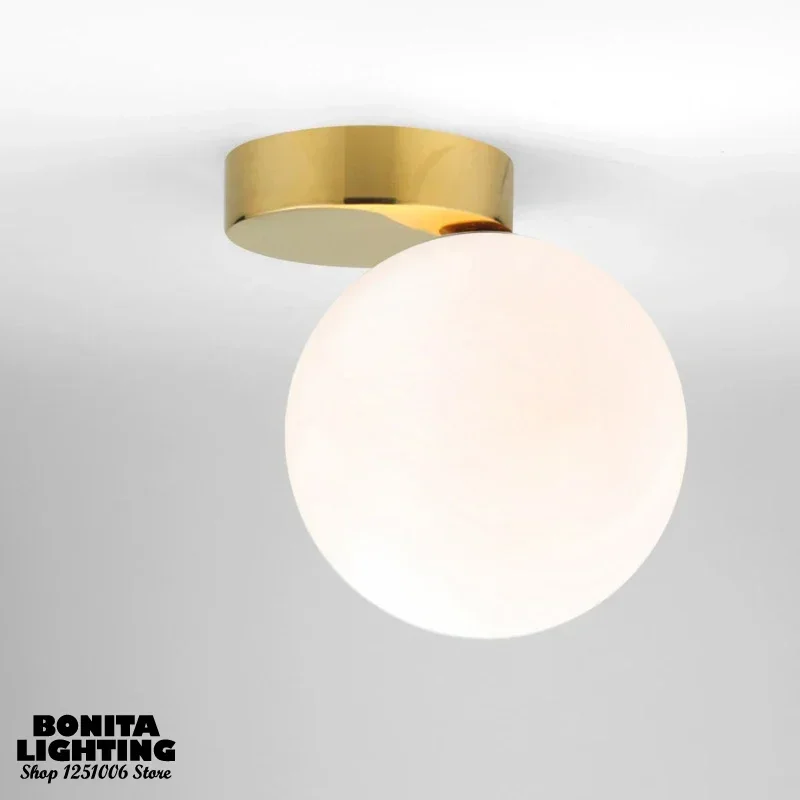 White Glass Ball Ceilng Light Position Offset Minimalism Luxury Hallway Foyer Balcony Geometric Collision Copper Ceiling Lamp