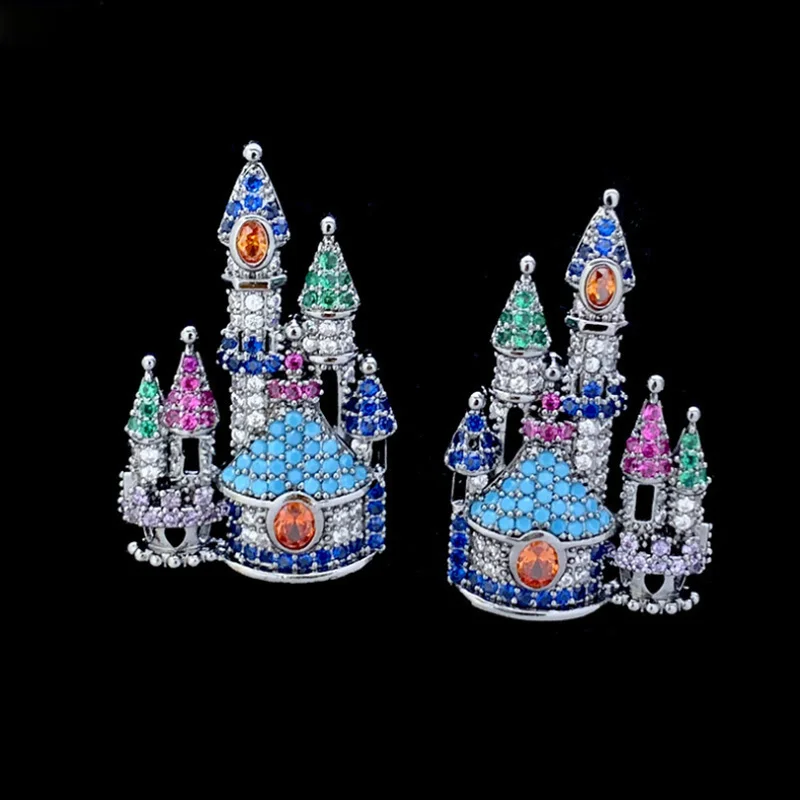 

European and American Personalized Castle Titanium Steel Micro-Inlaid AAA Zircon Silver Needle Luxury Accessories