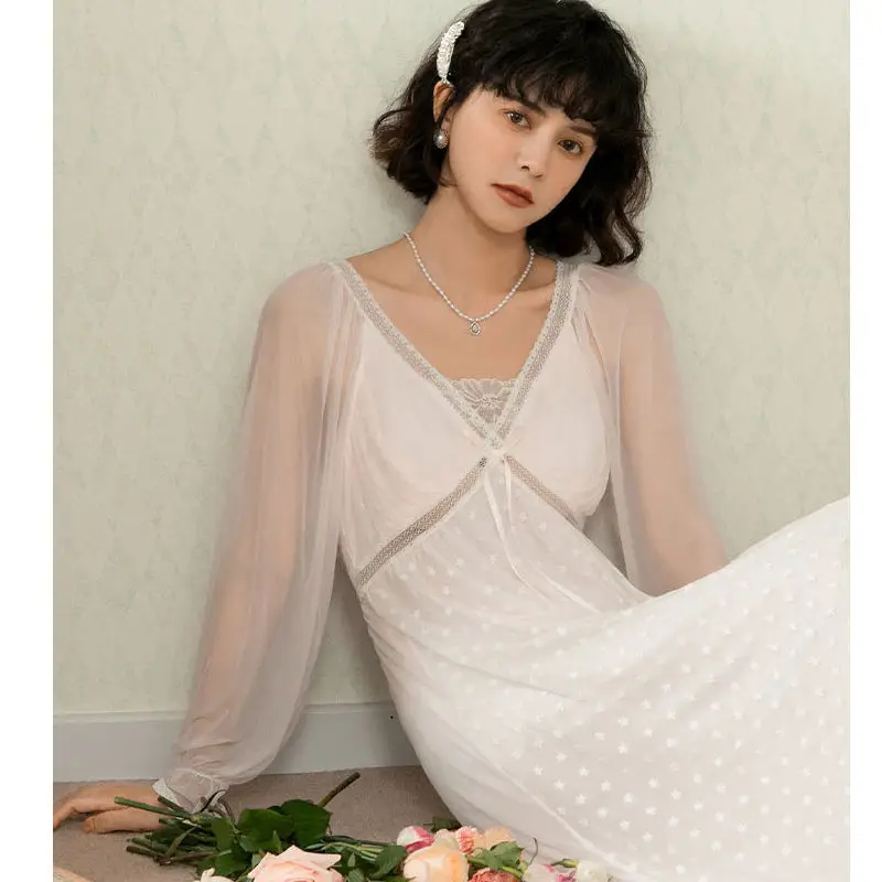 Palace Style Lace Pajamas for Women Sexy Long-sleeved Sexy Nightdress French Elegant Sleepwear Princess Style Dressing Gown Nigh