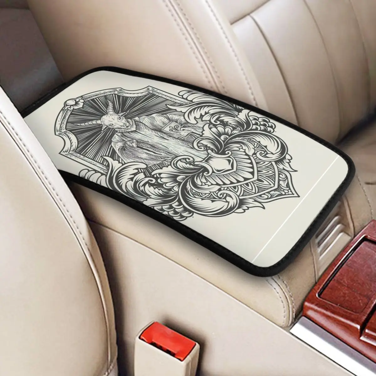 

Scary Baphomet On Engraving Ornament Car Accessories Car Handrail Box Cushion Custom Print Non-slip Car Armrest Cover