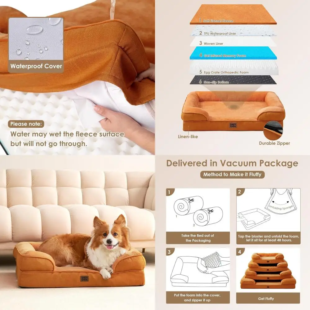 Extra Large Waterproof Memory Foam Dog Bed with Non-Slip Base and Removable Washable Cover in Pumpkin Orange