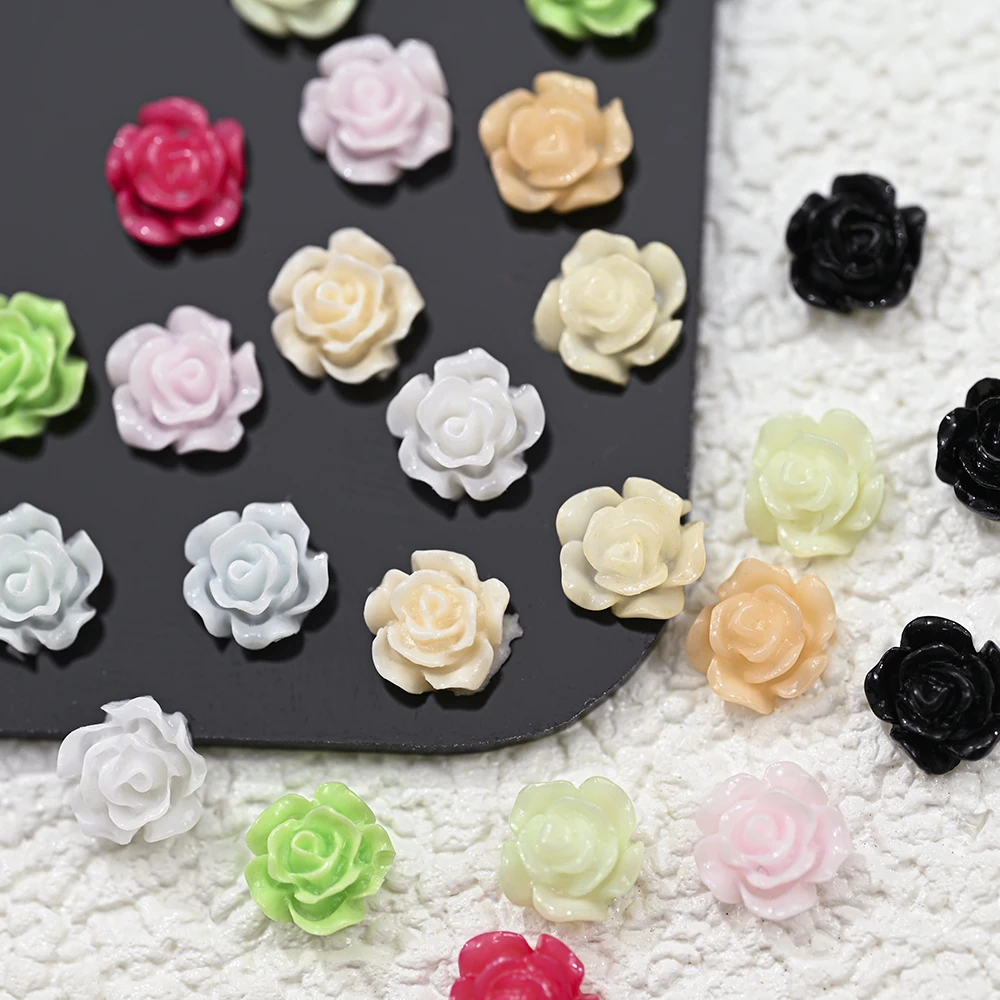 100Pcs Resin Cute Rose Flower 3D Black Rose Five-Petal Flower Petal Flatback Stone Arylic Nail Art Rhinestone Gem Decoration 6mm