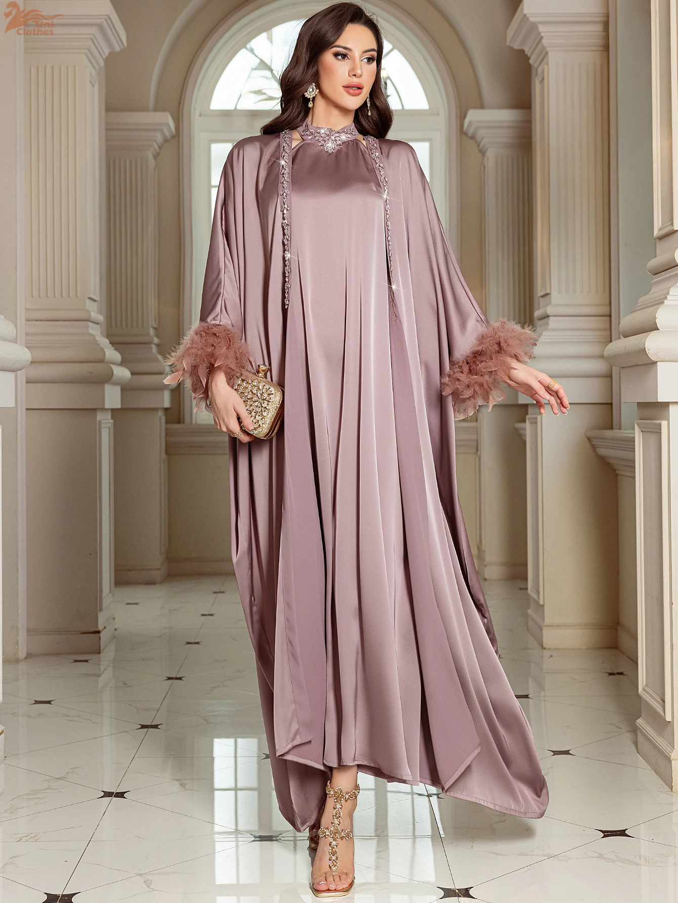 Eid Ramadan 2 pièces ensemble pour femmes musulmanes Satin Abaya avec Robe fête Musulman dubaï tenue ensembles Robe lumière luxe Jalabiya