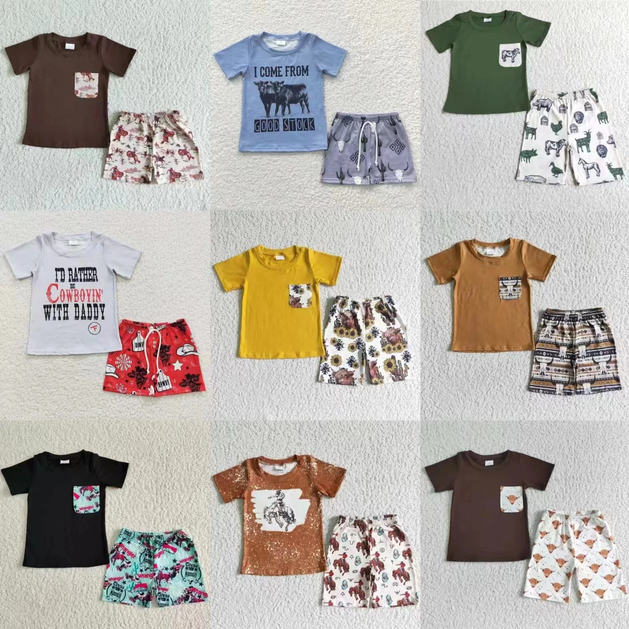 

Wholesale Children Western Short Sleeves Tee T-shirt Toddler Infant Cow Print Shorts Kids Boutique Outfit Baby Boy Summer Set