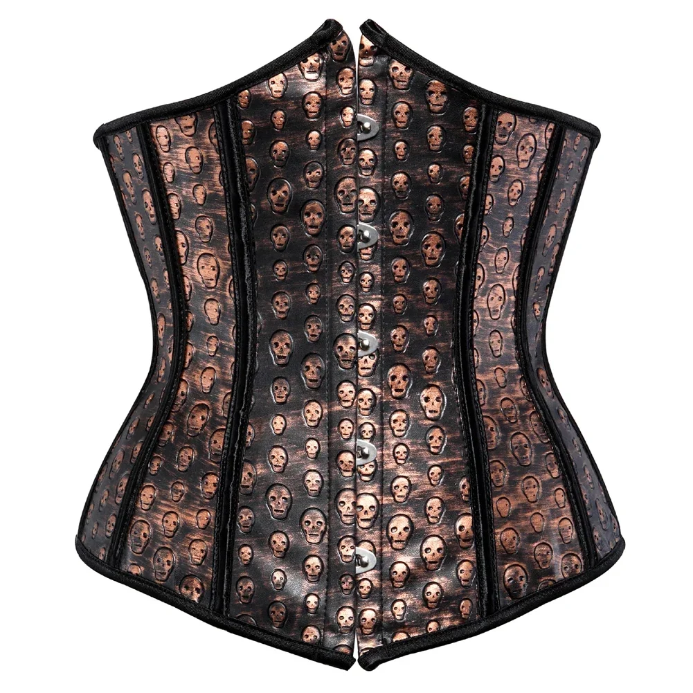 Woman Faux Leather Corset Steampunk Bustiers Overbust Skull Print Corselet Lace-up Corsets Sexy Waist Trainer Pirate Costumes