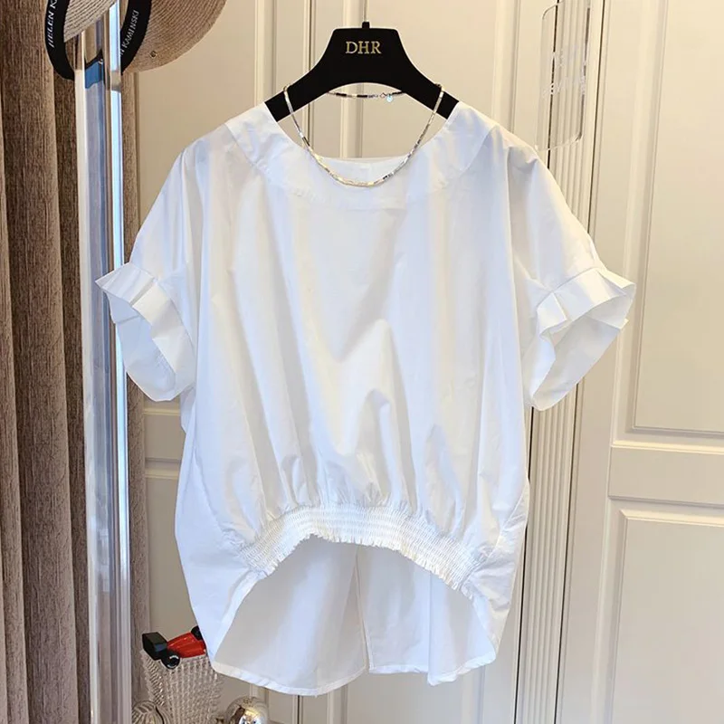 Fashion Solid Color Loose Bandage Bow Shirring Blouse Female Clothing 2023 Summer New Casual Pullovers Korean Asymmetrical Shirt