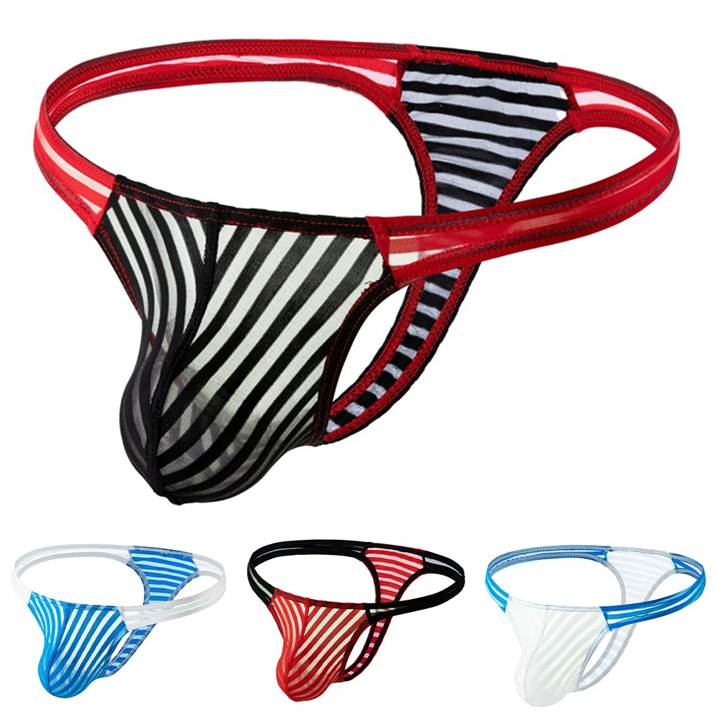 Men Stripes See Through Breathable Erotic Hombre Underwear Solid Underpants Seamless Panties Comfortable Thong String Lingerie