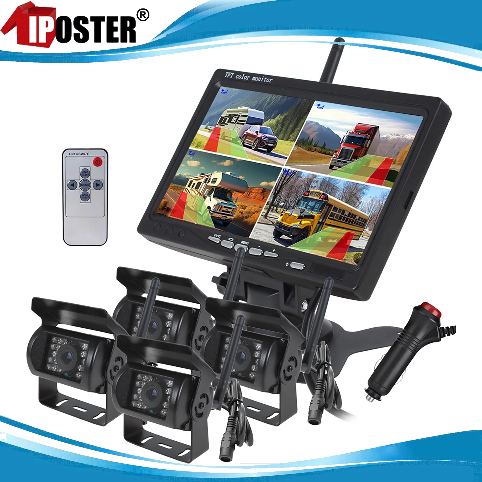 

iPoster For Car SUV Rvs Camper Caravan Motorhome Digital Wireless Reversing Backup Camera With 7" BSD Quad Monitor DC 12V-24V