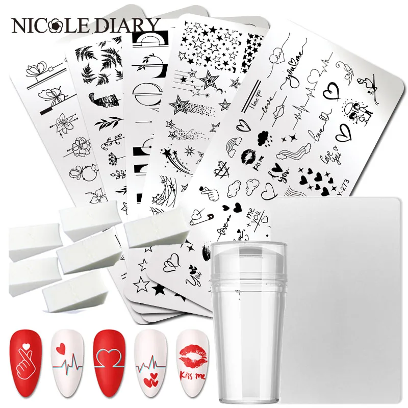 

NICOLE DIARY Nail Stamping Plate Love Heart Leaf Flower Spring Summer Print Template Jelly Stamper Scraper Blooming Sponge Kit