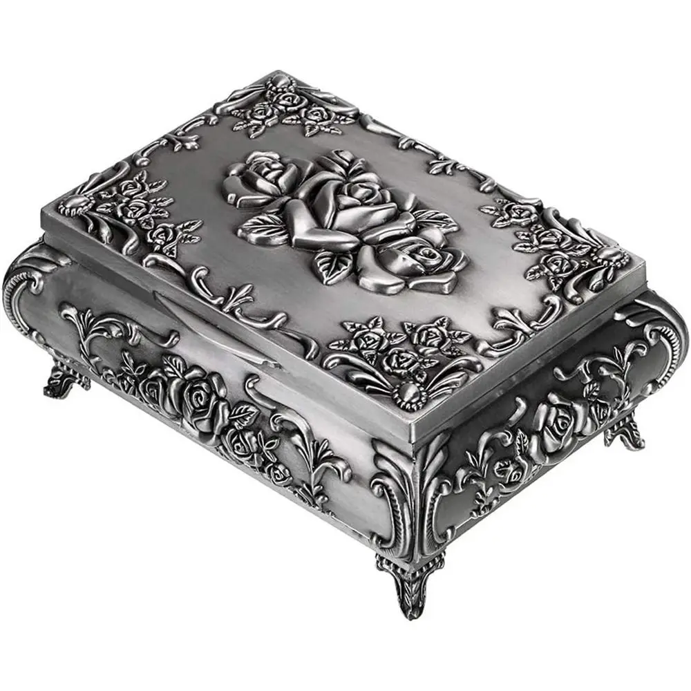 Metal Vintage Jewelry Box Gift Rose Floral Engraved Treasure Chest Luxury Large Capacity Necklace Storage Case Trinket